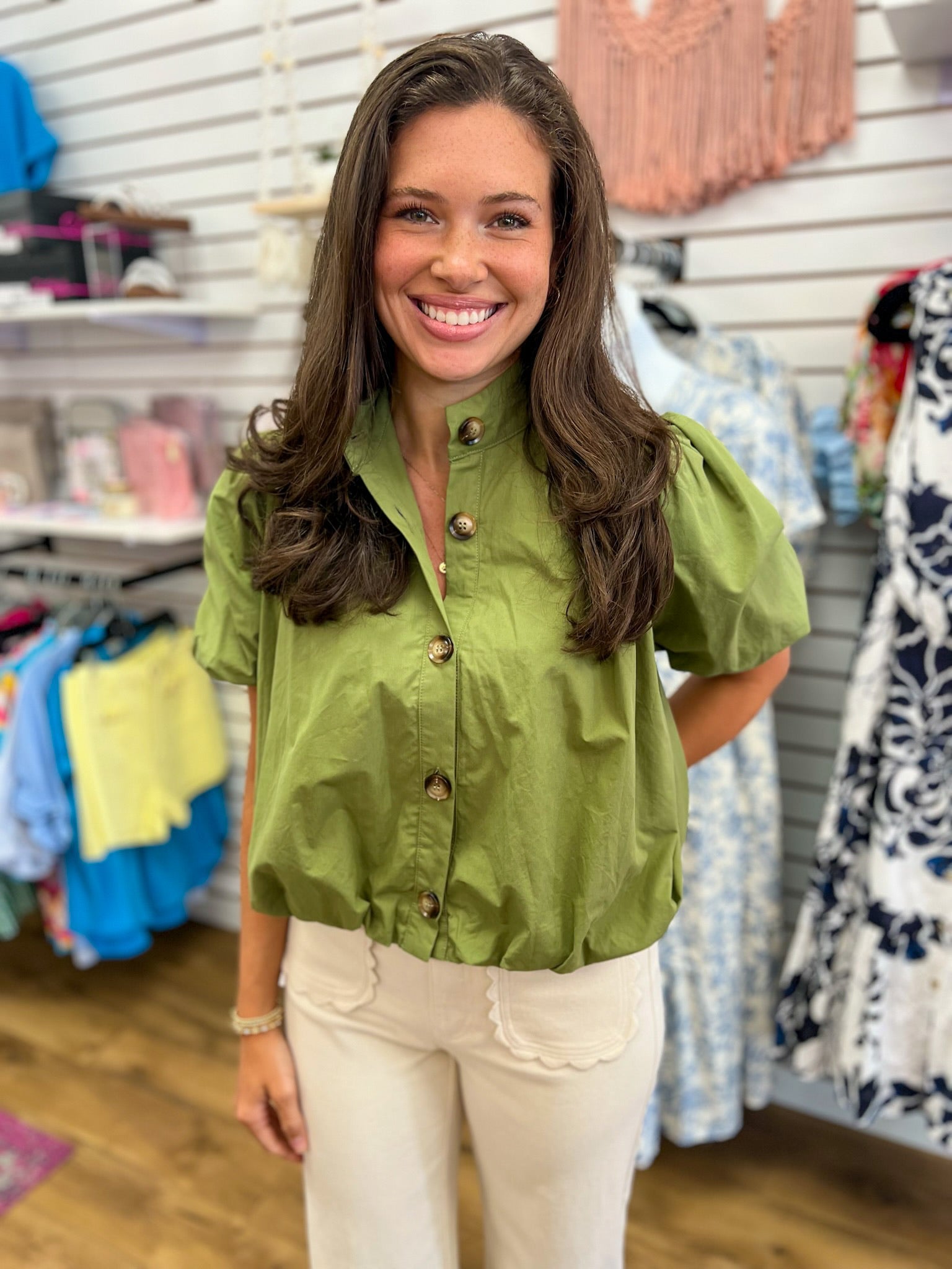 Olive Green Short Sleeve Button Up Top with Bubble Hem - A'Bekah's Boutique