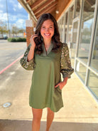 Olive Green V - Neck Dress with Textured Jacquard 3/4 Sleeves - A'Bekah's Boutique