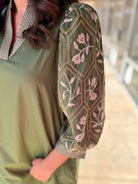 Olive Green V - Neck Dress with Textured Jacquard 3/4 Sleeves - A'Bekah's Boutique