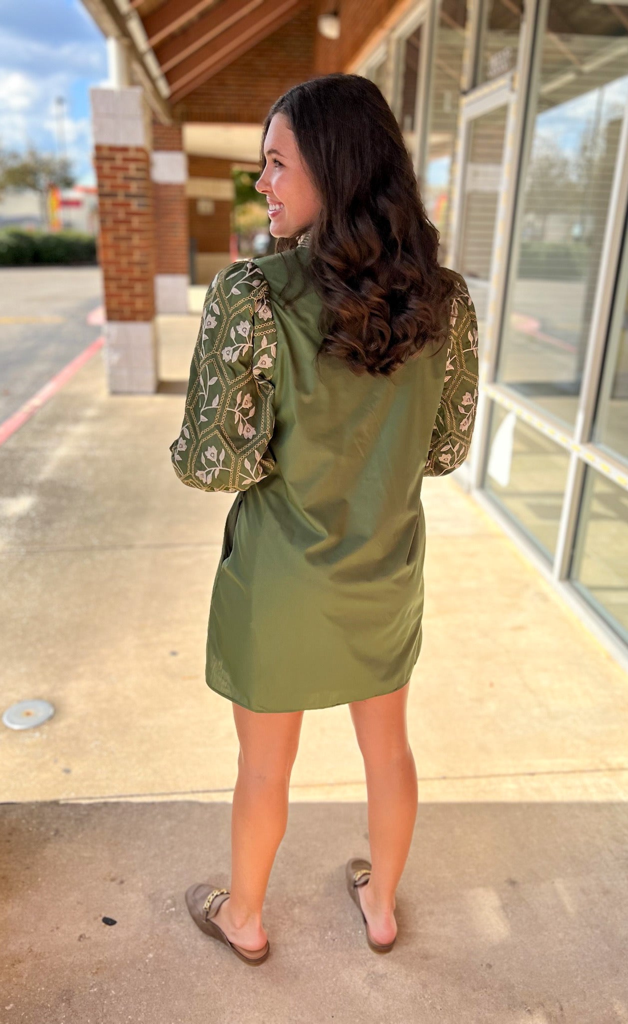 Olive Green V - Neck Dress with Textured Jacquard 3/4 Sleeves - A'Bekah's Boutique