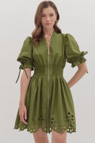 Olive Green Zip Front Smocked Waist Dress with Eyelet Hem - A'Bekah's Boutique