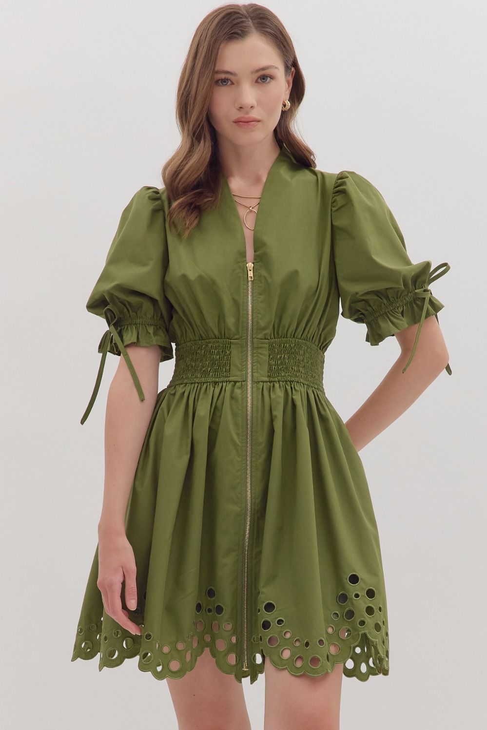 Olive Green Zip Front Smocked Waist Dress with Eyelet Hem - A'Bekah's Boutique