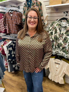 Olive Satin Long Sleeve Button Up Top with Pink Polka Dots - A'Bekah's Boutique