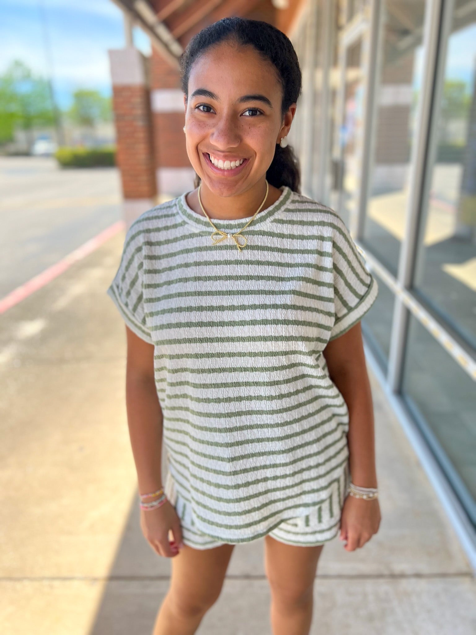 Olive Striped Short Sleeve Short Set - A'Bekah's Boutique