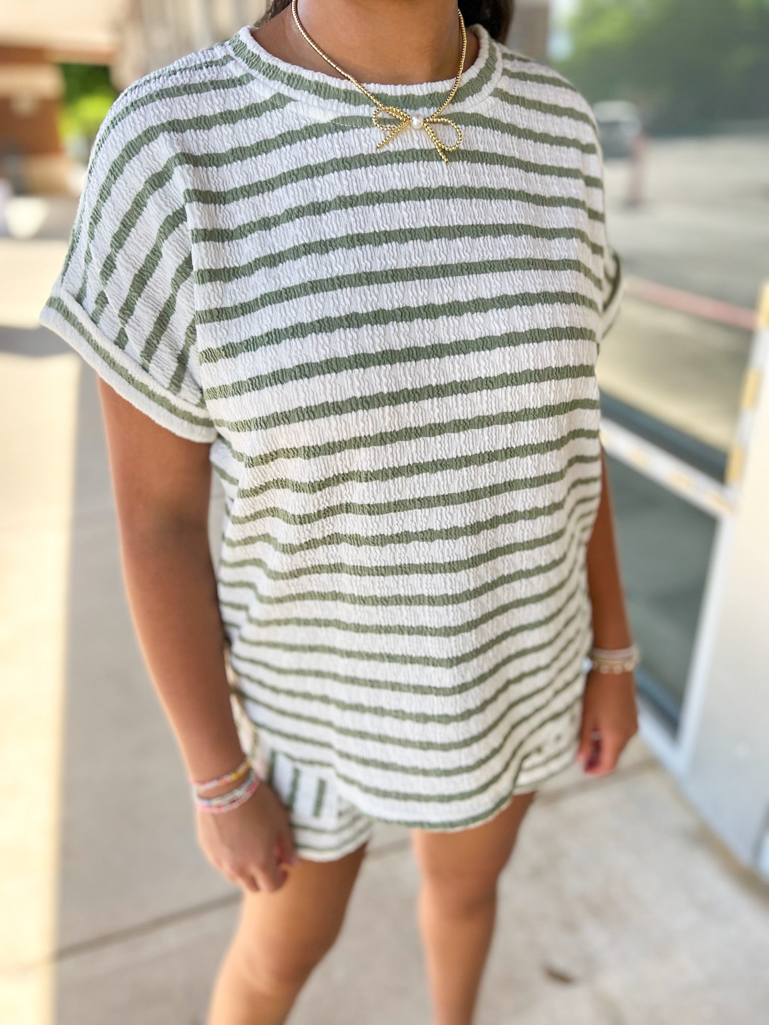 Olive Striped Short Sleeve Short Set - A'Bekah's Boutique