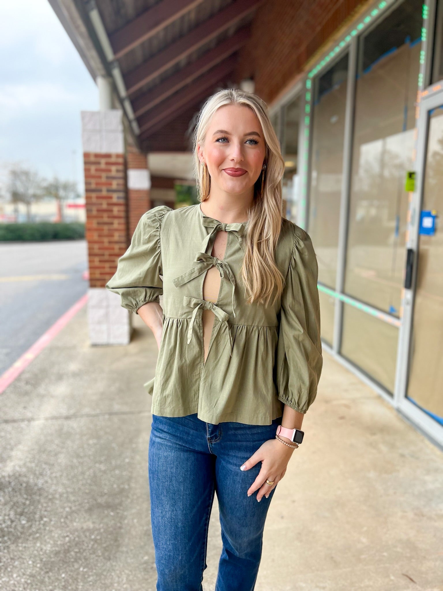 Open Your Mind Light Olive 3/4 Length Sleeve Top with Front Bow Details - A'Bekah's Boutique