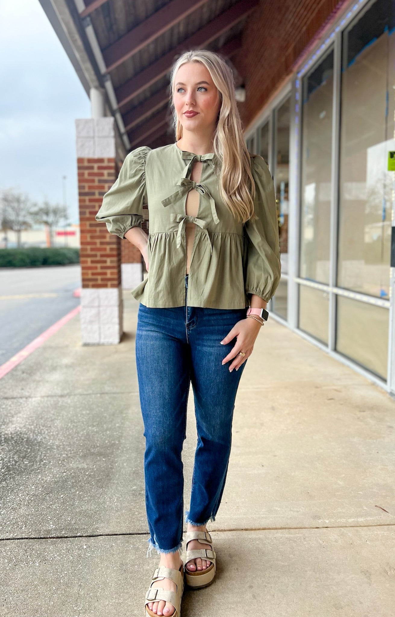 Open Your Mind Light Olive 3/4 Length Sleeve Top with Front Bow Details - A'Bekah's Boutique