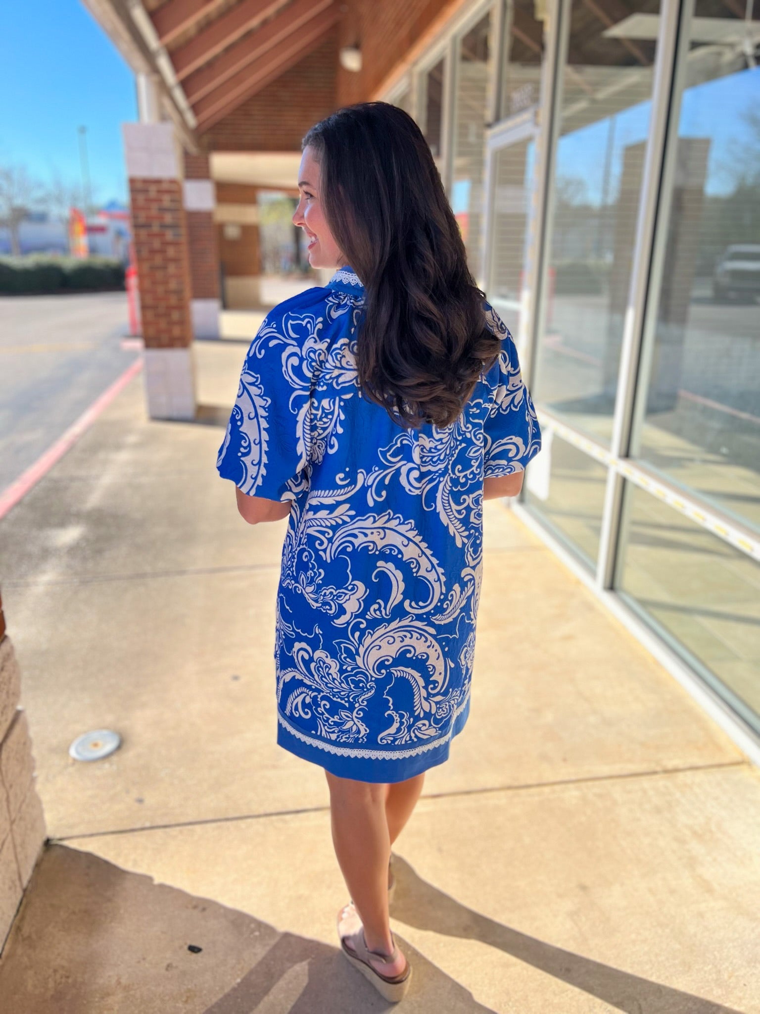 Orchid Blue Jacquard Paisley Dress with Lace Trim - A'Bekah's Boutique