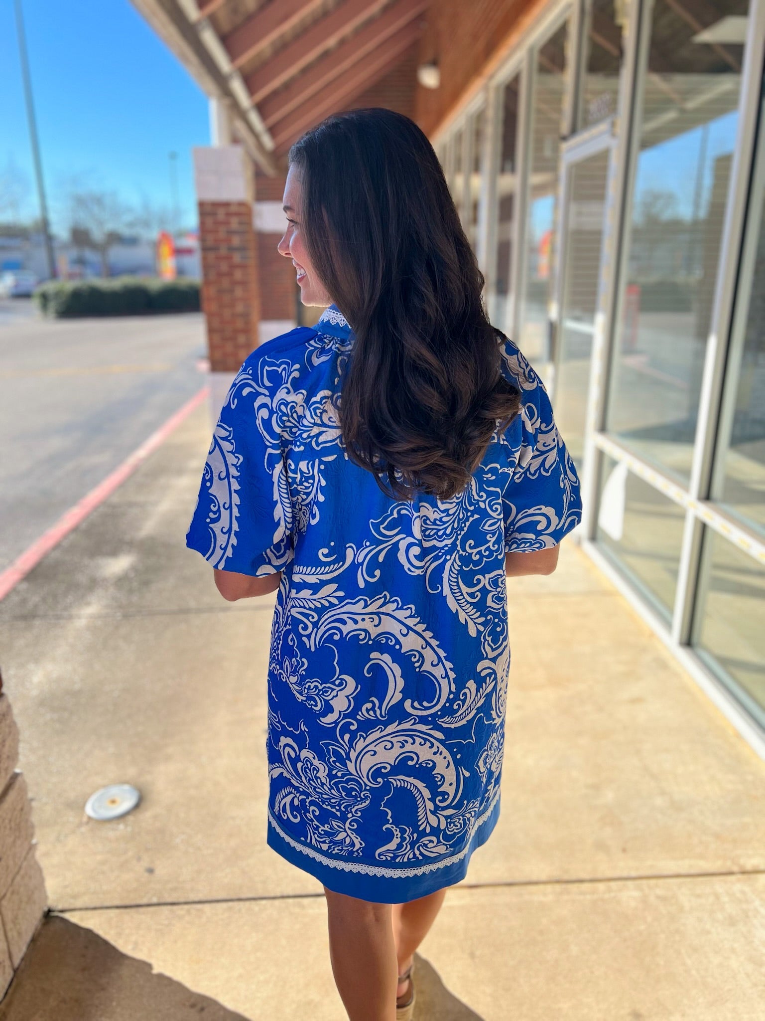 Orchid Blue Jacquard Paisley Dress with Lace Trim - A'Bekah's Boutique