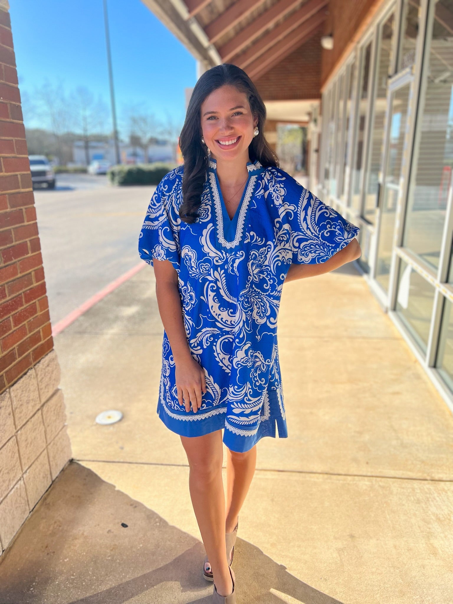 Orchid Blue Jacquard Paisley Dress with Lace Trim - A'Bekah's Boutique