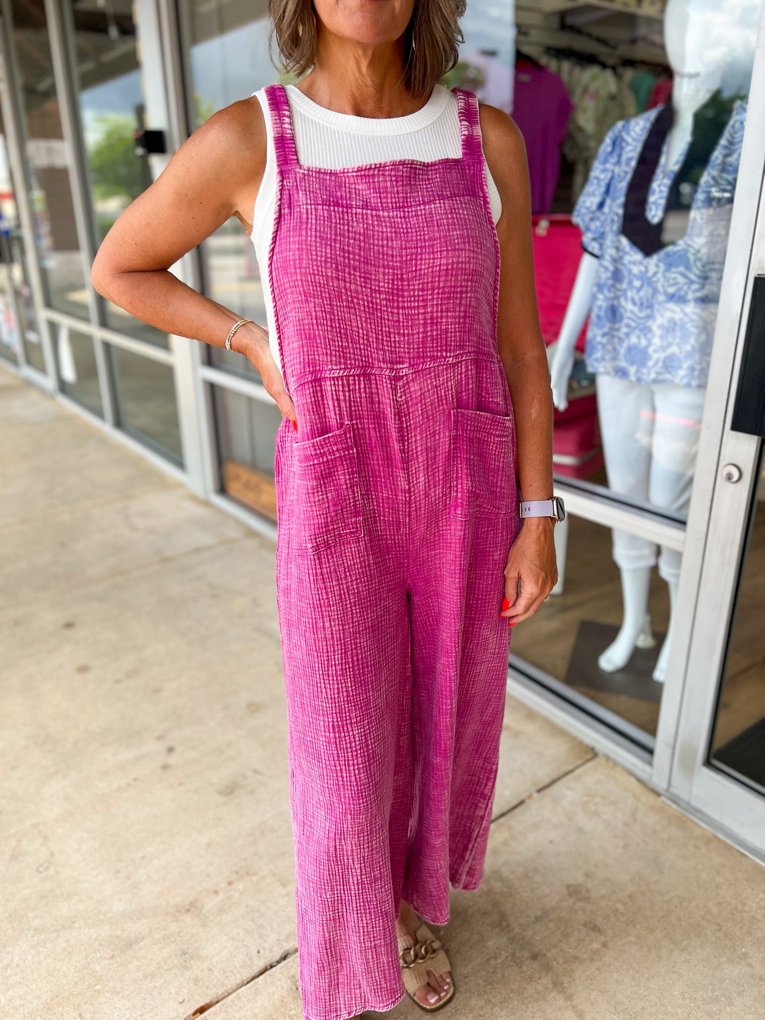 Our Time Ash Pink Gauze Elastic Waist Wide Leg Overalls - A'Bekah's Boutique