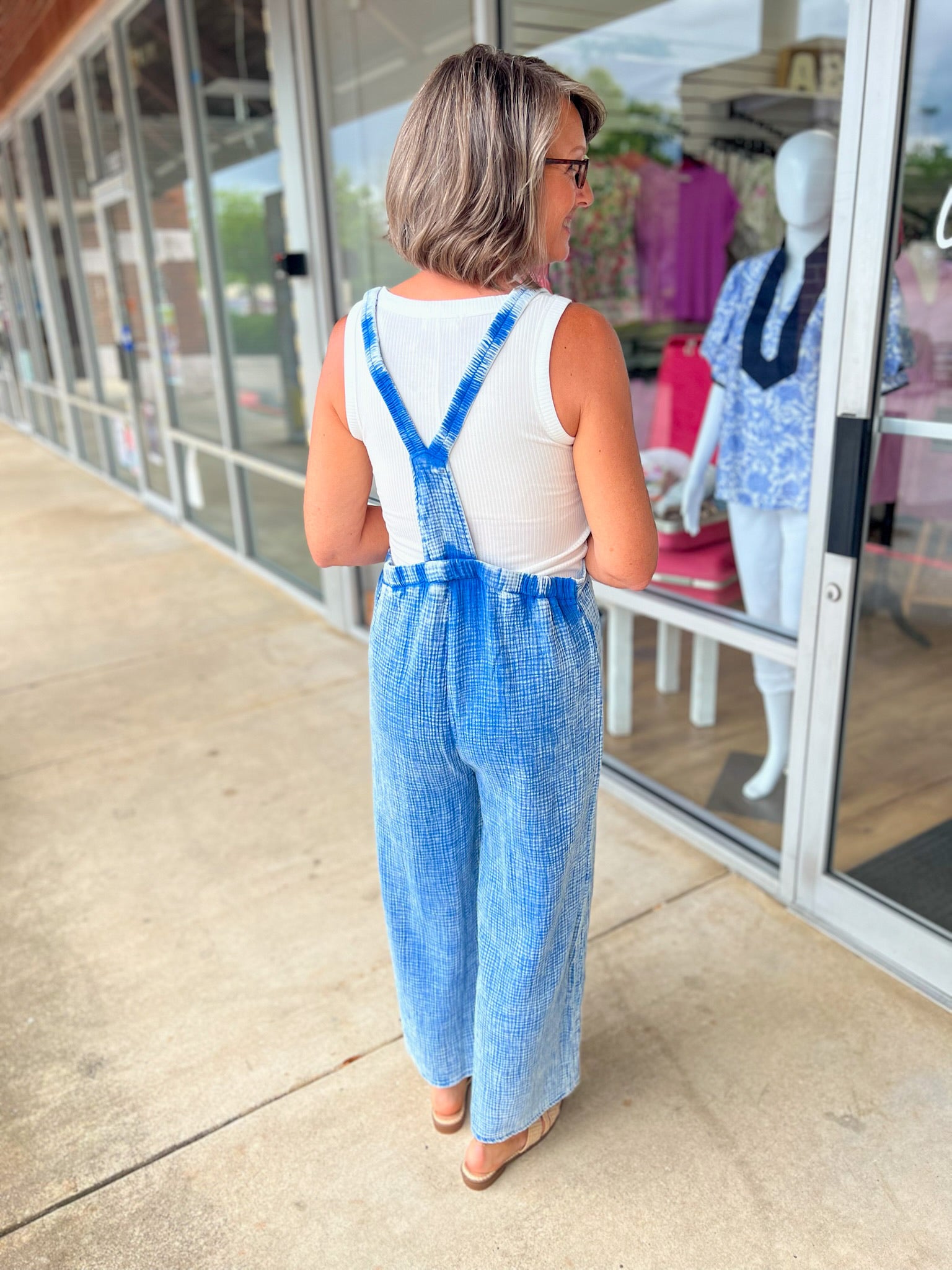 Our Time Classic Blue Gauze Elastic Waist Wide Leg Overalls - A'Bekah's Boutique