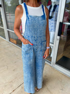Our Time Classic Blue Gauze Elastic Waist Wide Leg Overalls - A'Bekah's Boutique