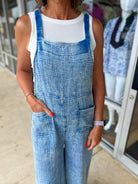 Our Time Classic Blue Gauze Elastic Waist Wide Leg Overalls - A'Bekah's Boutique