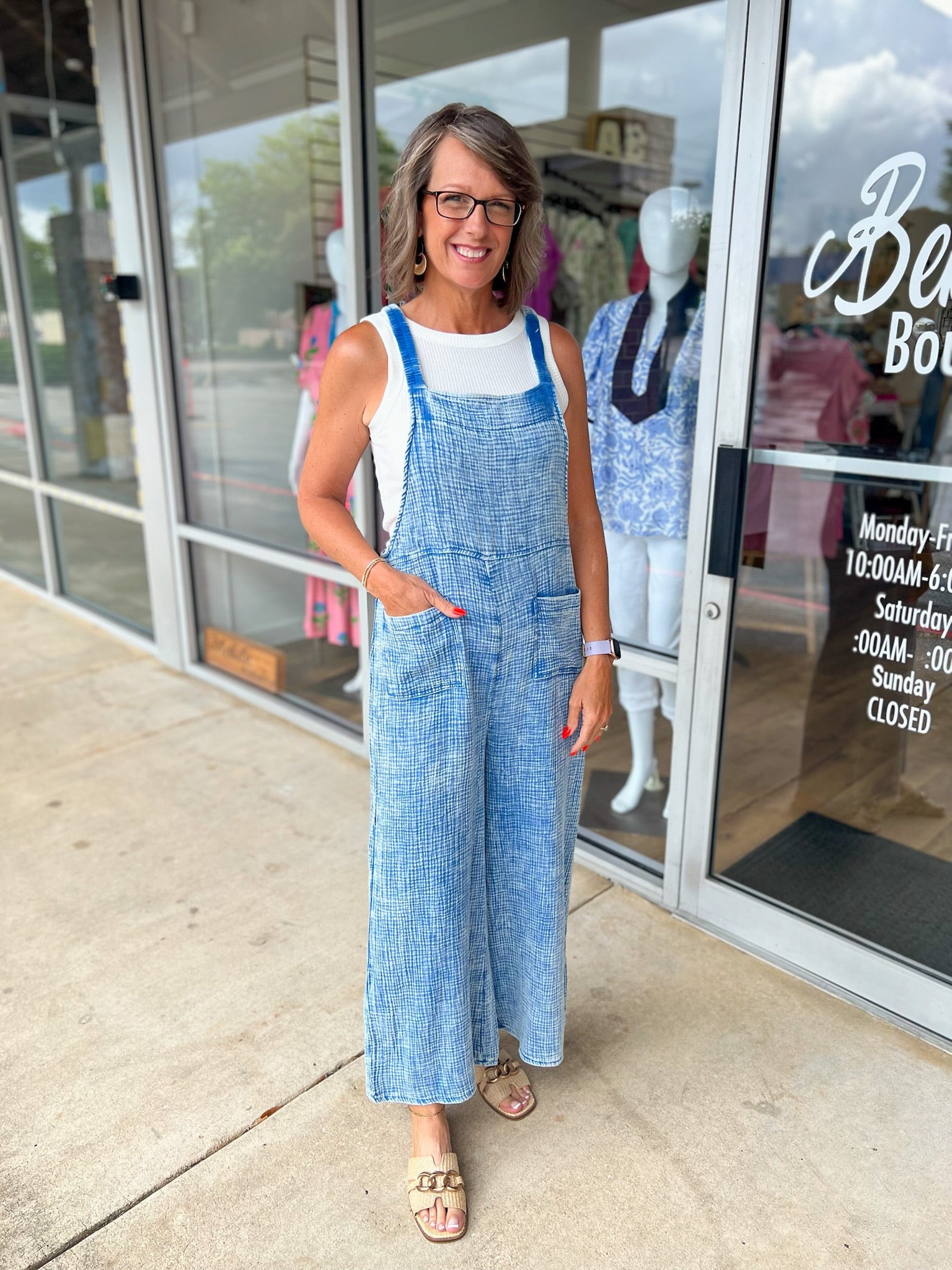 Our Time Classic Blue Gauze Elastic Waist Wide Leg Overalls - A'Bekah's Boutique