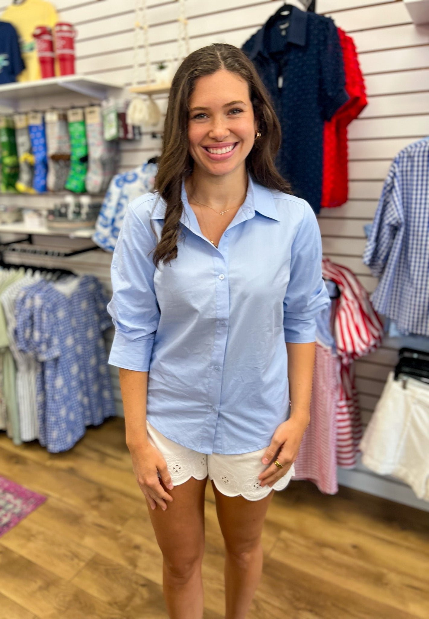 Pale Blue Button Up Top with 3/4 Ruched Sleeves - A'Bekah's Boutique