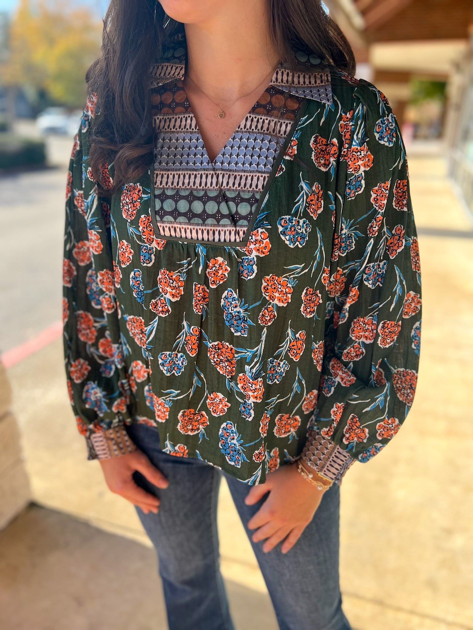 Palm Green Bloom Cluster Print V - Neck Top - A'Bekah's Boutique