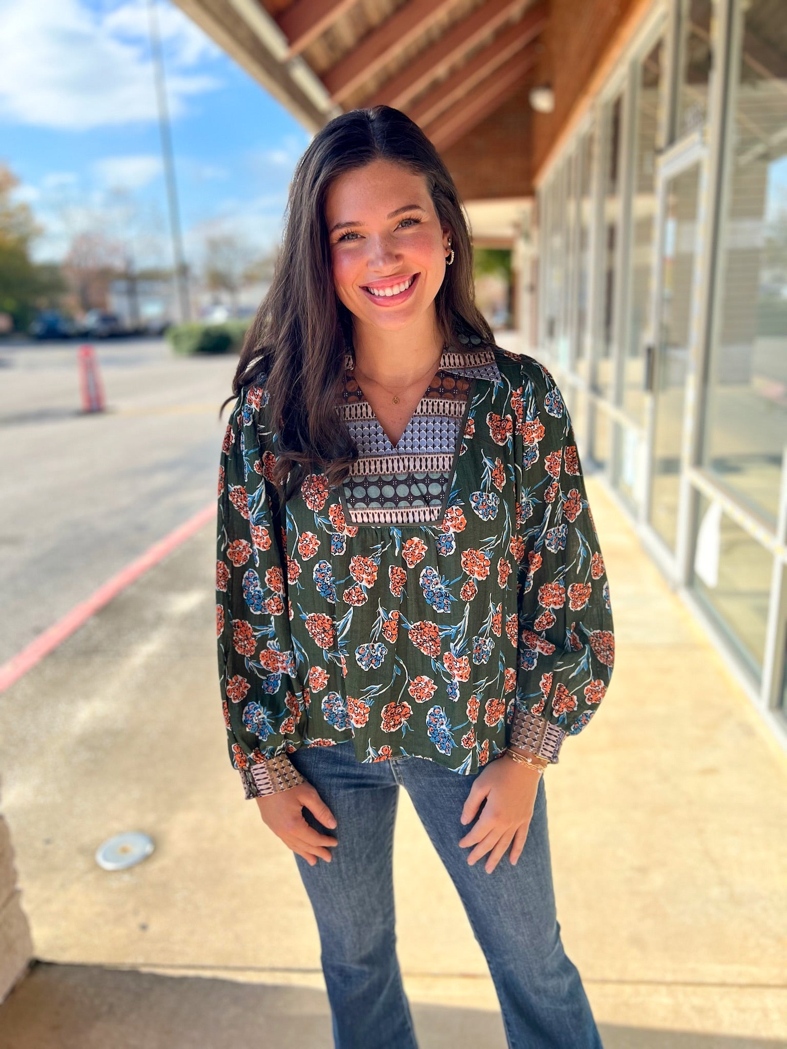 Palm Green Bloom Cluster Print V - Neck Top - A'Bekah's Boutique