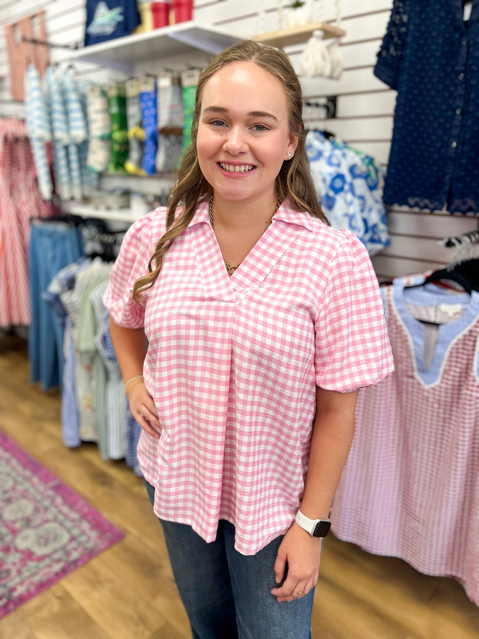 Peony Pink Gingham Top with Elbow Length Sleeves - A'Bekah's Boutique