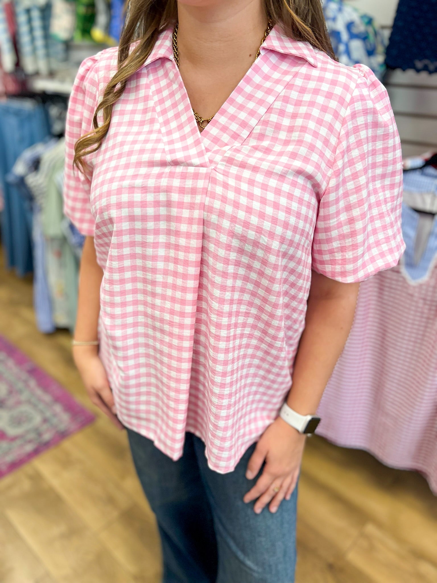 Peony Pink Gingham Top with Elbow Length Sleeves - A'Bekah's Boutique