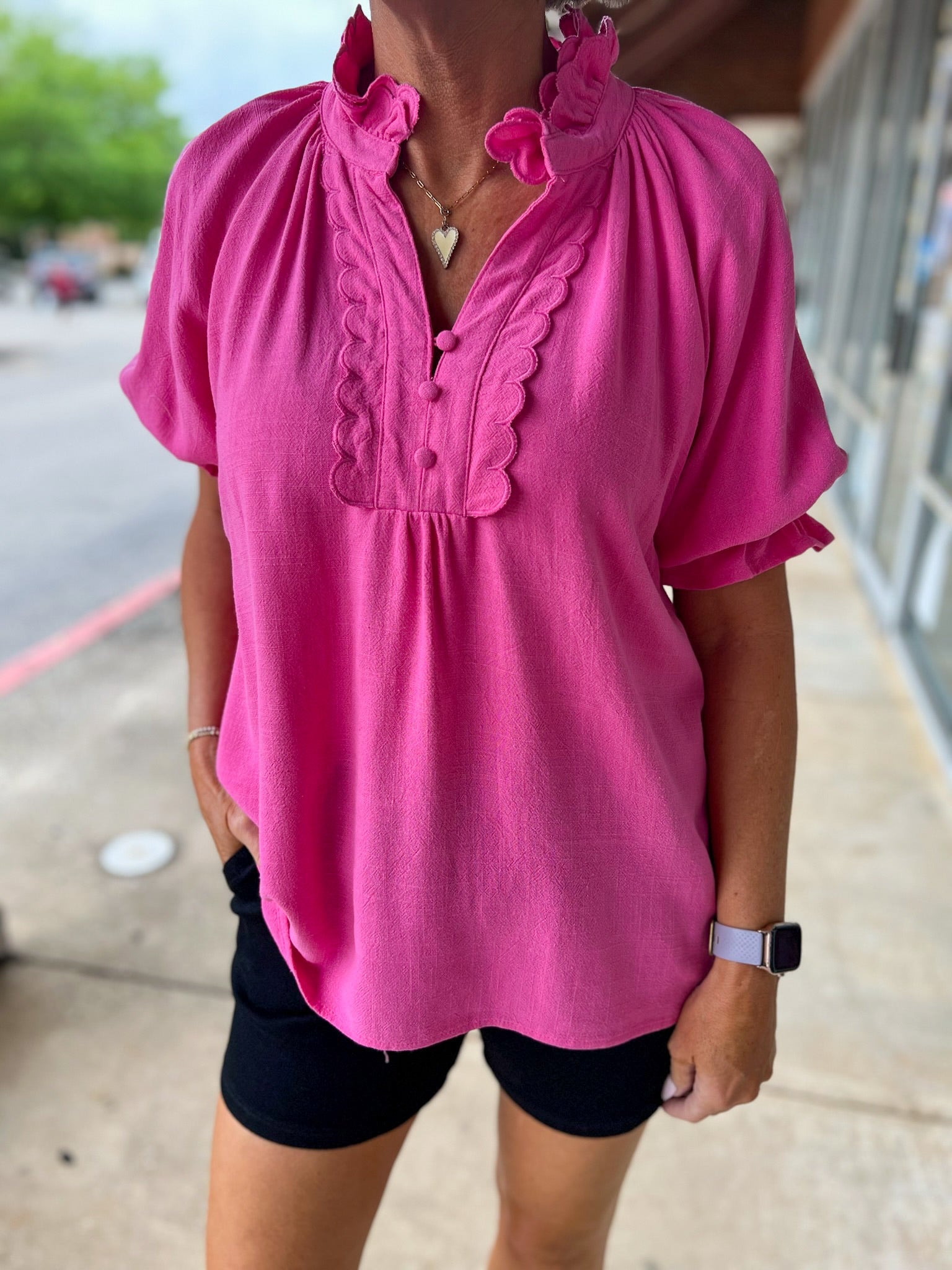 Peony Pink Linen Blend Top with Scallop Details - A'Bekah's Boutique