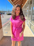 Peony Pink Short Sleeve Luxe Knit Dress with Drawstring Waist - A'Bekah's Boutique