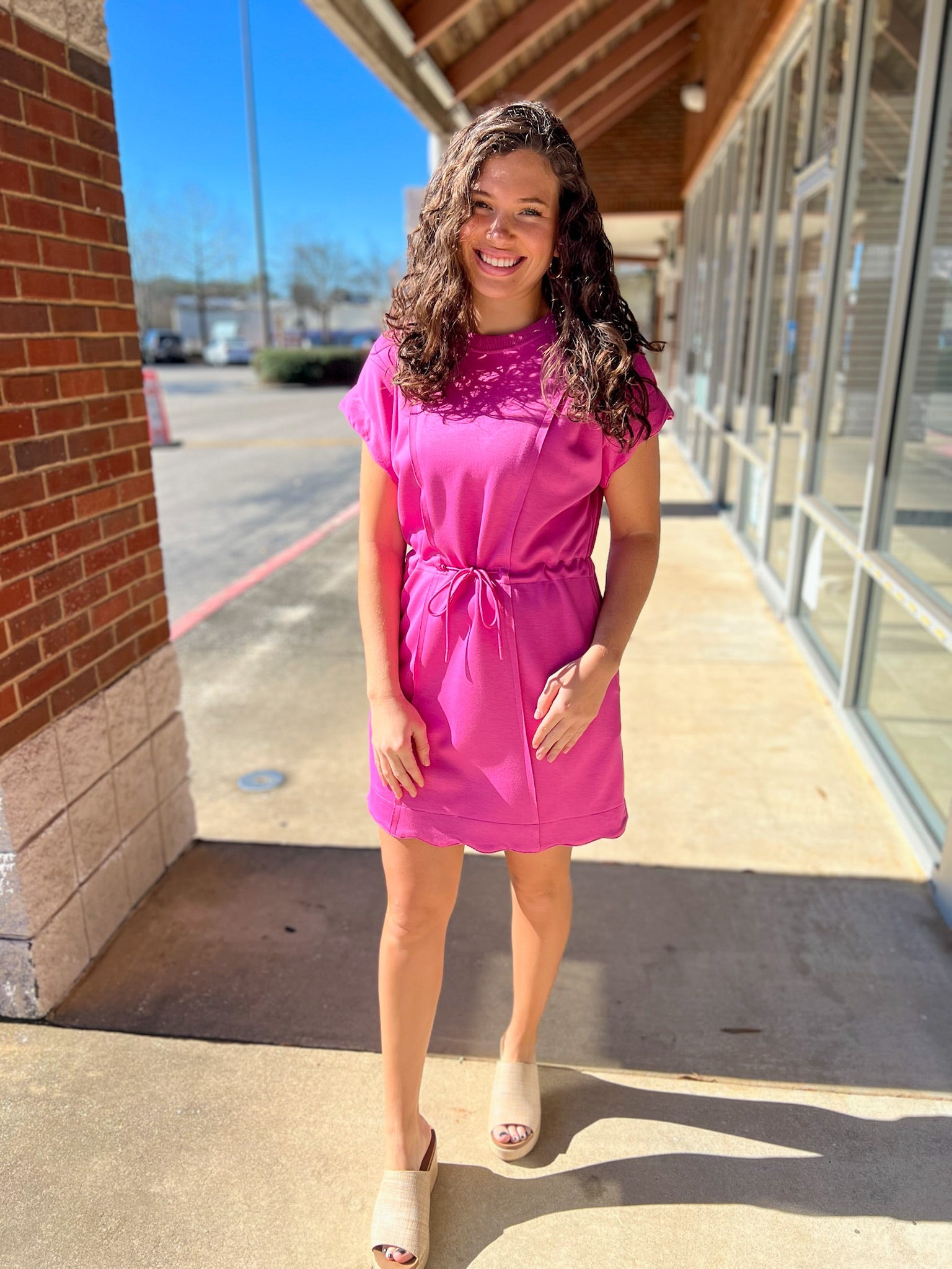 Peony Pink Short Sleeve Luxe Knit Dress with Drawstring Waist - A'Bekah's Boutique