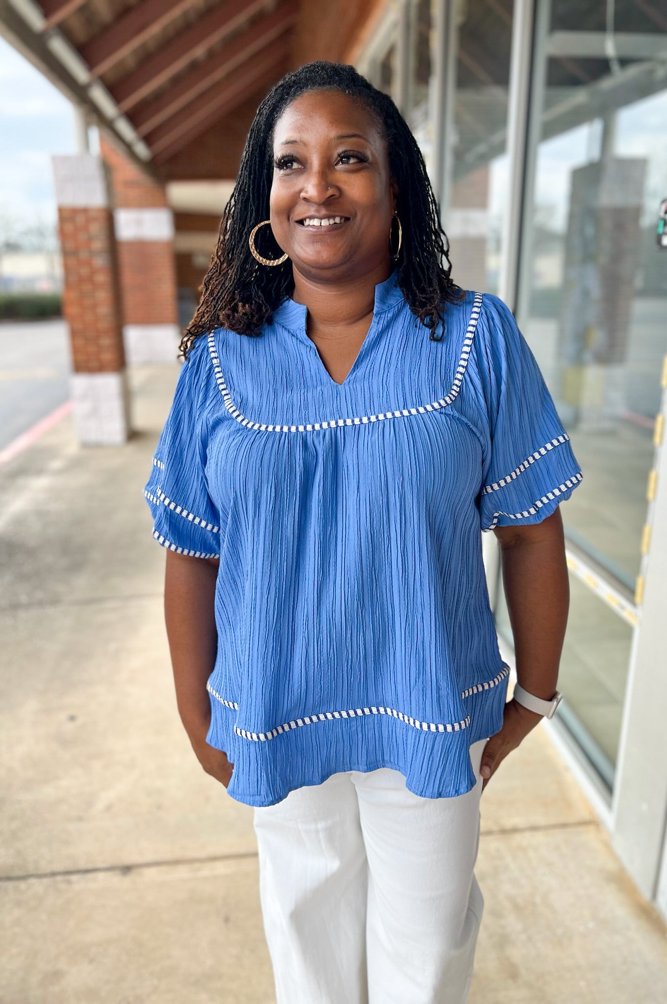 Periwinkle Blue V - Neck Top with 3/4 Puff Sleeves and Trim Details (C) - A'Bekah's Boutique