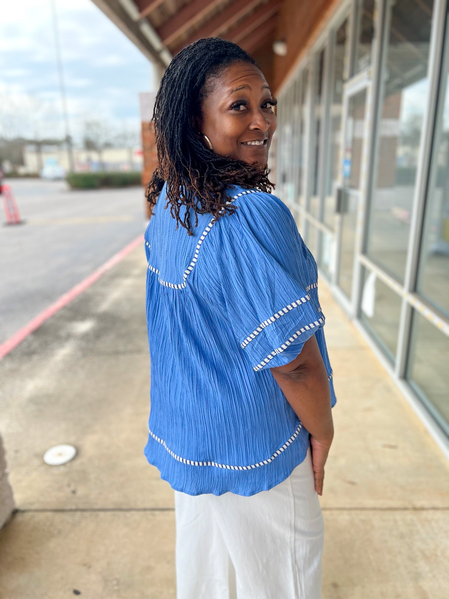 Periwinkle Blue V - Neck Top with 3/4 Puff Sleeves and Trim Details (C) - A'Bekah's Boutique