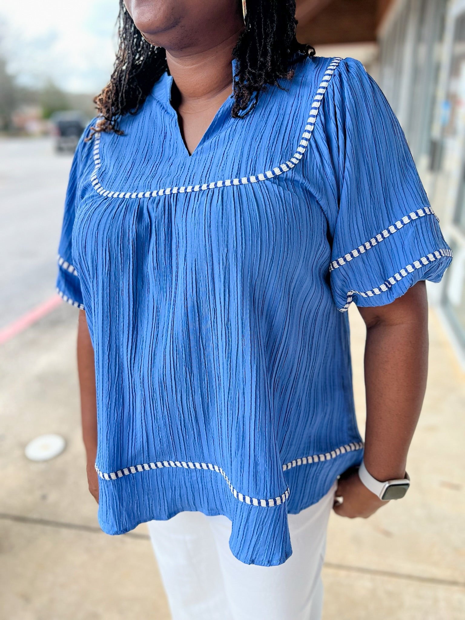 Periwinkle Blue V - Neck Top with 3/4 Puff Sleeves and Trim Details (C) - A'Bekah's Boutique
