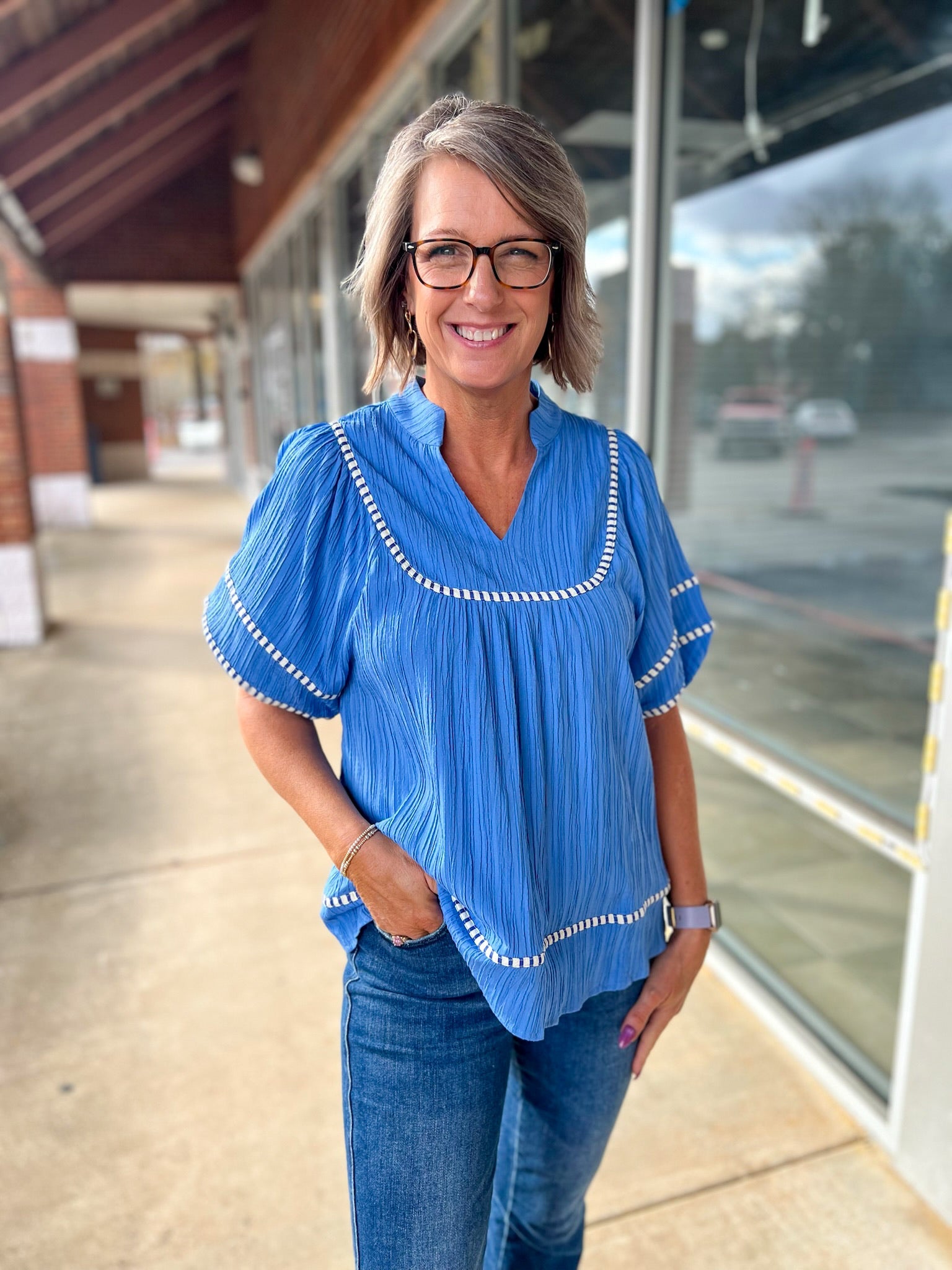 Periwinkle Blue V - Neck Top with 3/4 Puff Sleeves and Trim Details (R) - A'Bekah's Boutique