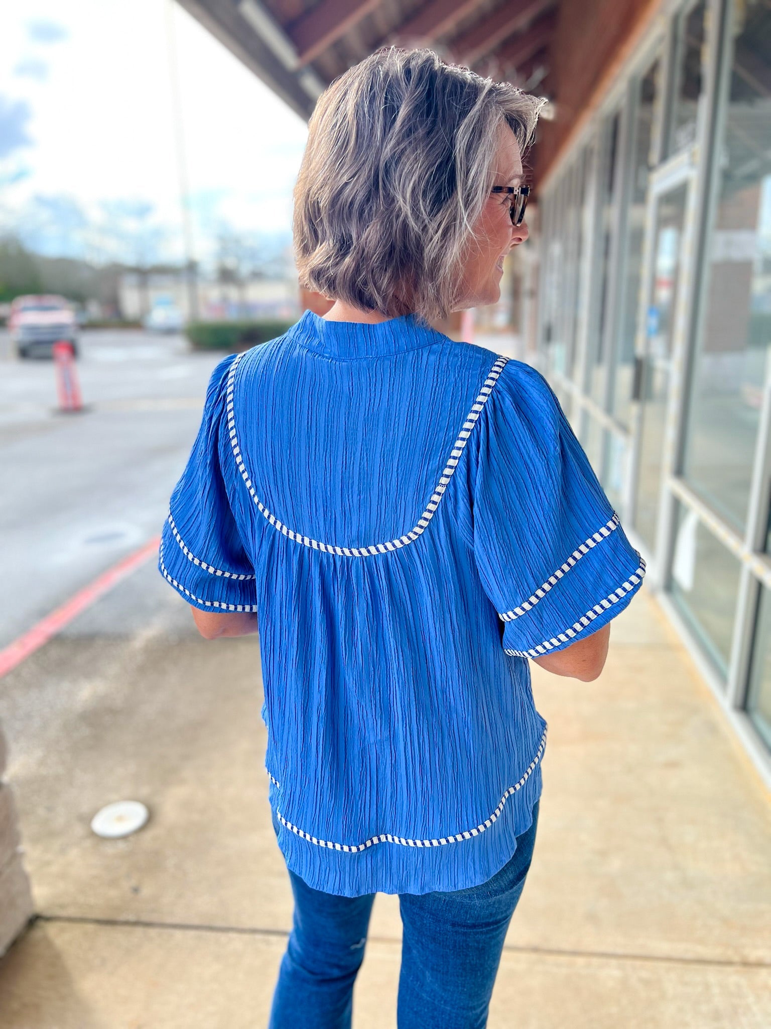 Periwinkle Blue V - Neck Top with 3/4 Puff Sleeves and Trim Details (R) - A'Bekah's Boutique