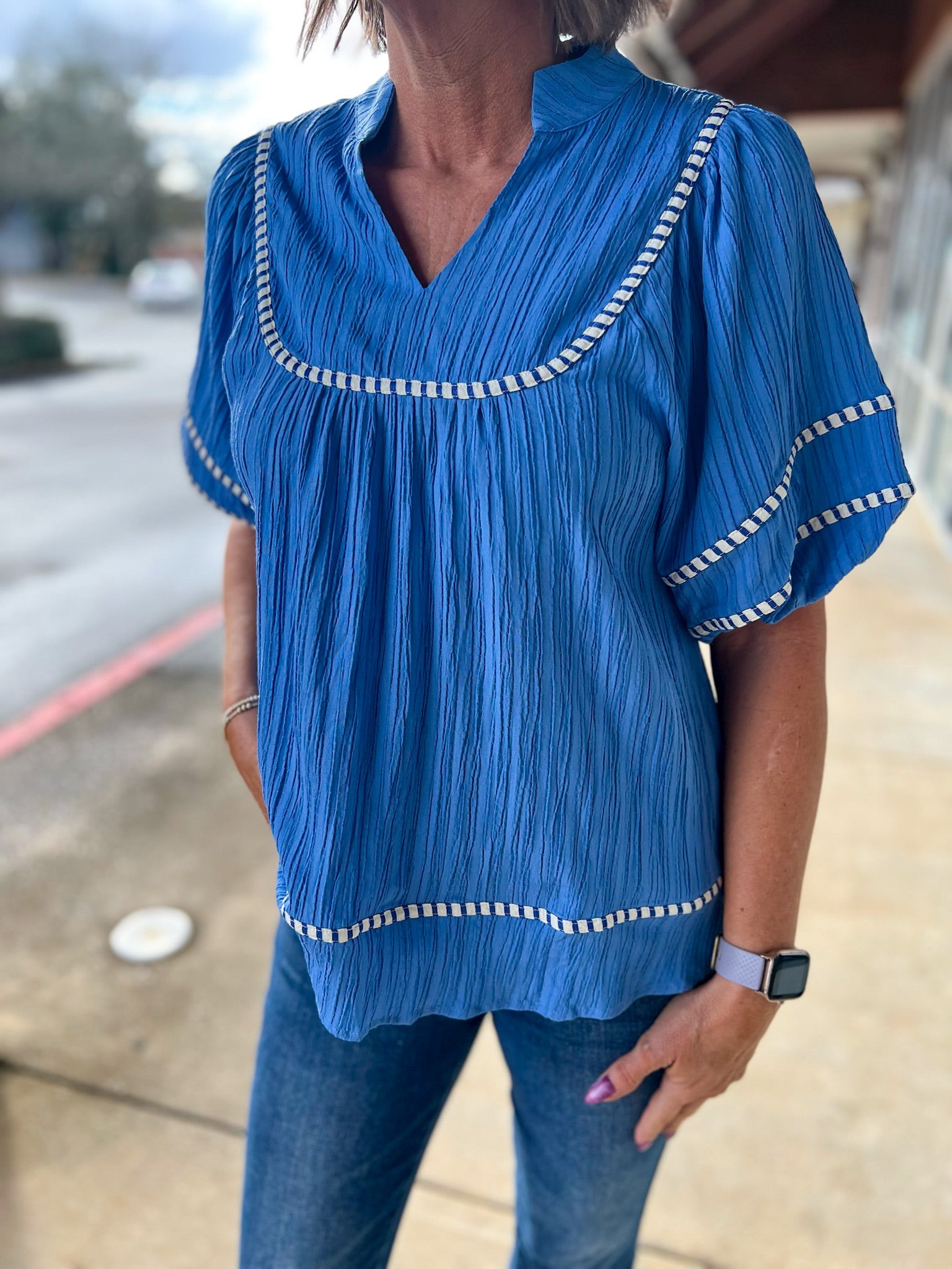 Periwinkle Blue V - Neck Top with 3/4 Puff Sleeves and Trim Details (R) - A'Bekah's Boutique