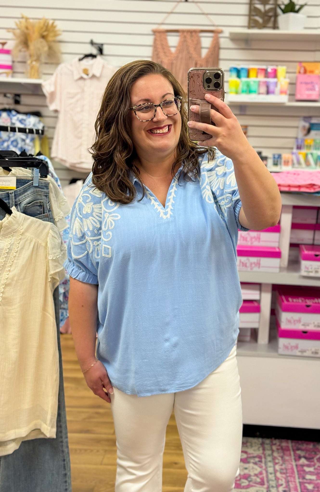 Periwinkle V - Neck Top with Embroidery Details - A'Bekah's Boutique