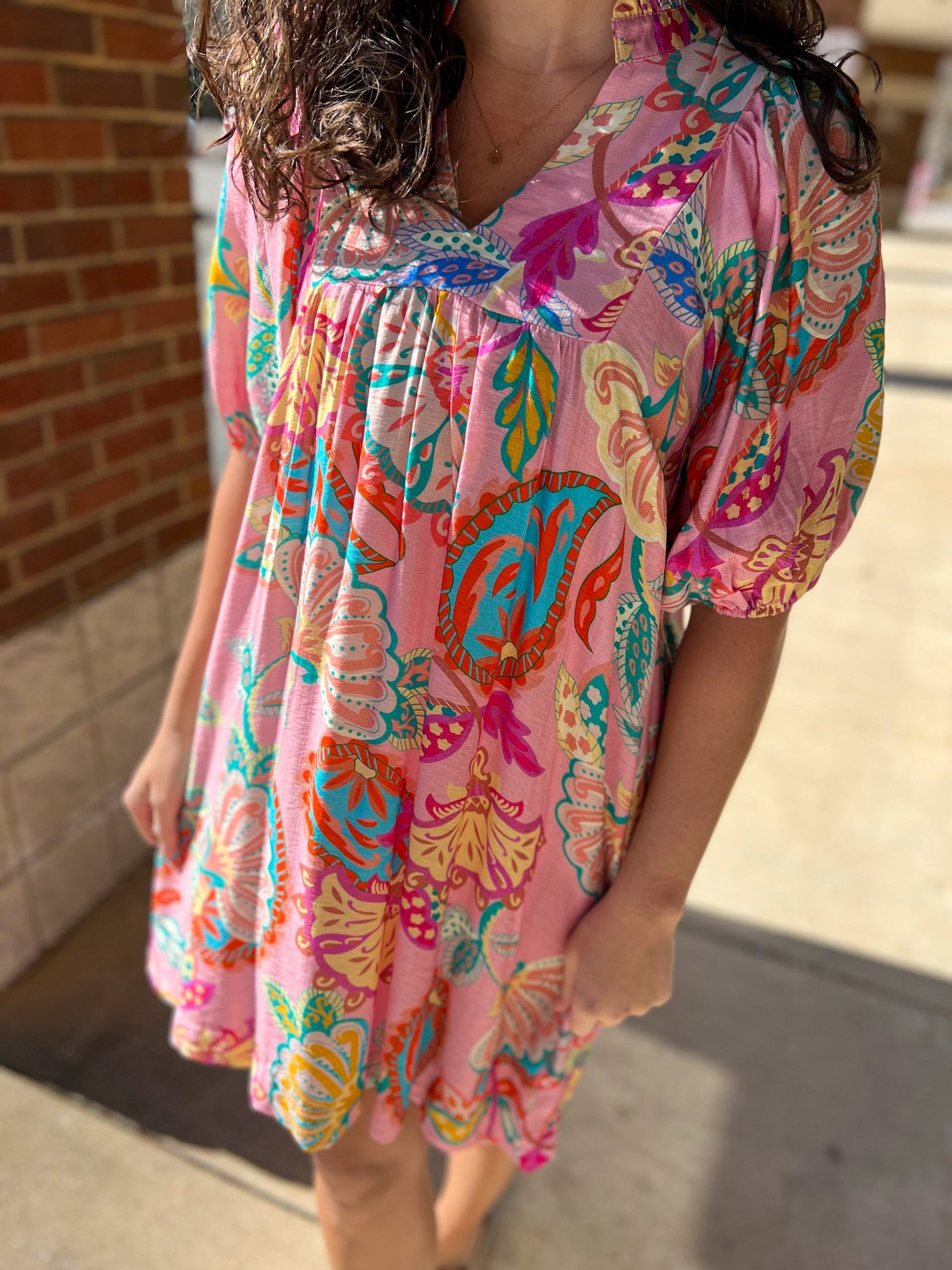 Pink Abstract Print V - Neck Short Dress - A'Bekah's Boutique