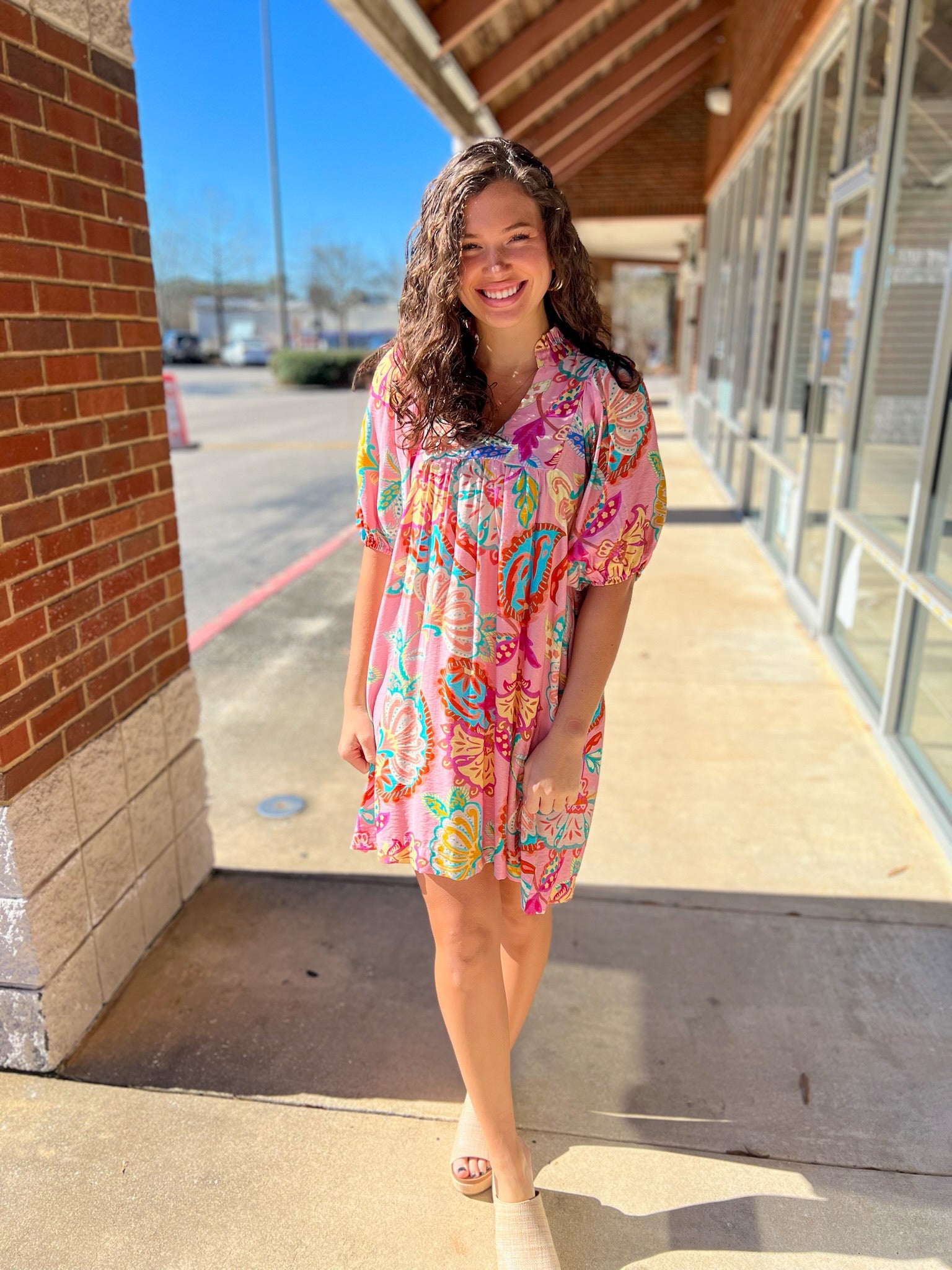 Pink Abstract Print V - Neck Short Dress - A'Bekah's Boutique