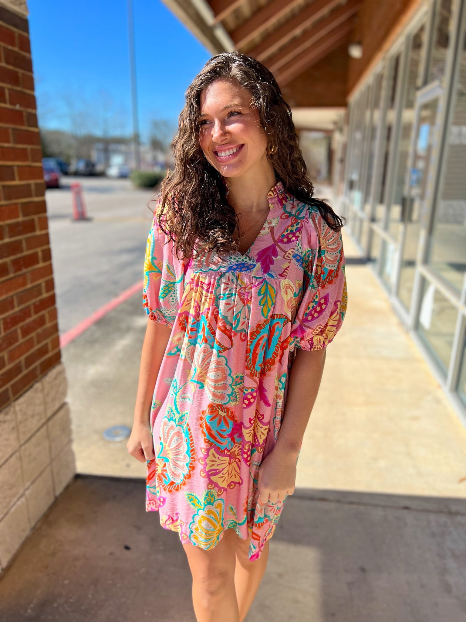 Pink Abstract Print V - Neck Short Dress - A'Bekah's Boutique