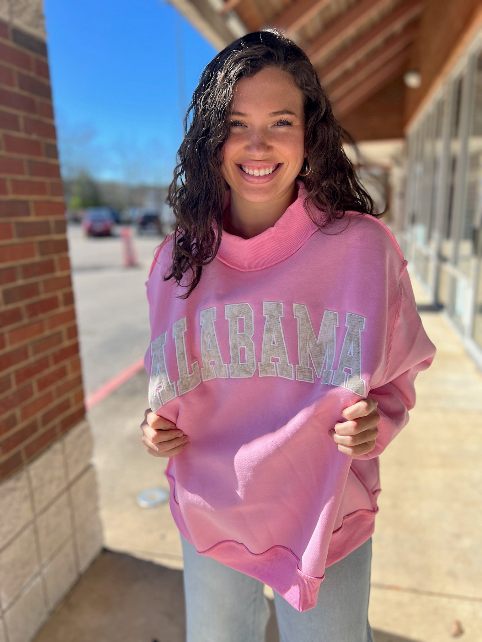 Pink Alabama Embroidered Mock Neck Long Sleeve Sweatshirt - A'Bekah's Boutique