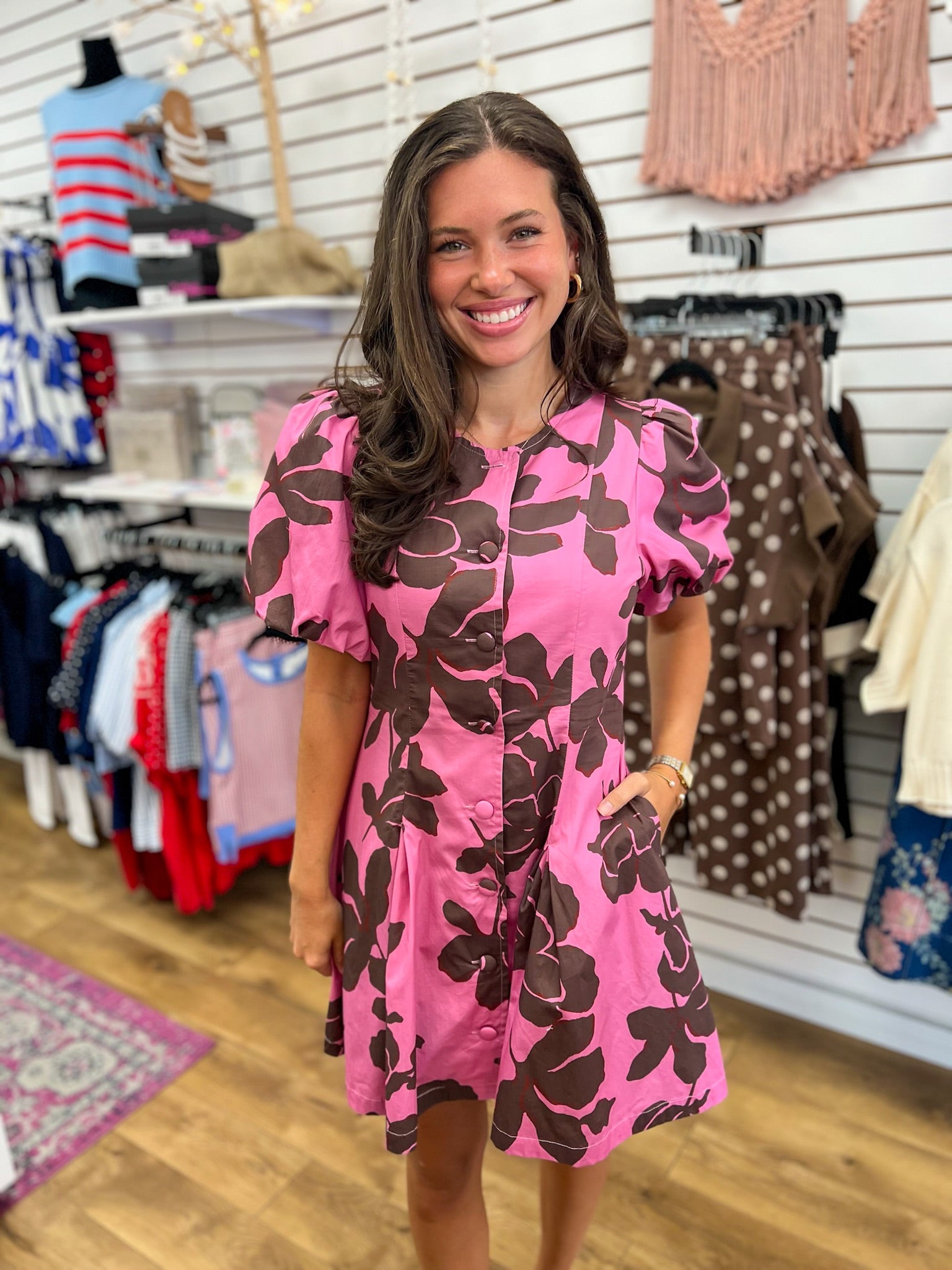 Pink and Brown Floral Puff Sleeve Dress with Pockets - A'Bekah's Boutique