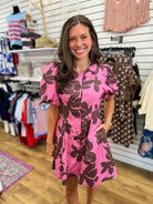 Pink and Brown Floral Puff Sleeve Dress with Pockets - A'Bekah's Boutique