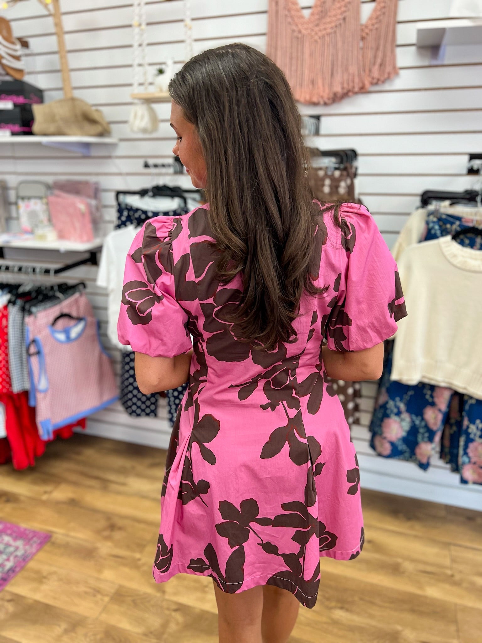 Pink and Brown Floral Puff Sleeve Dress with Pockets - A'Bekah's Boutique