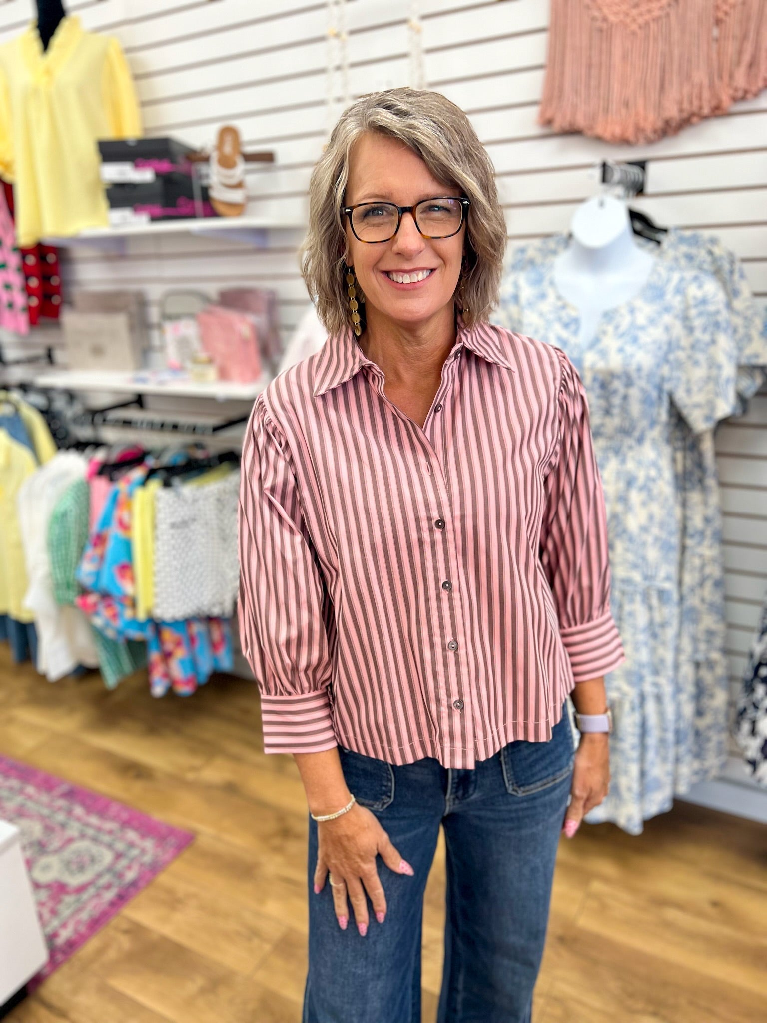 Pink and Brown Striped Button Up Top - A'Bekah's Boutique
