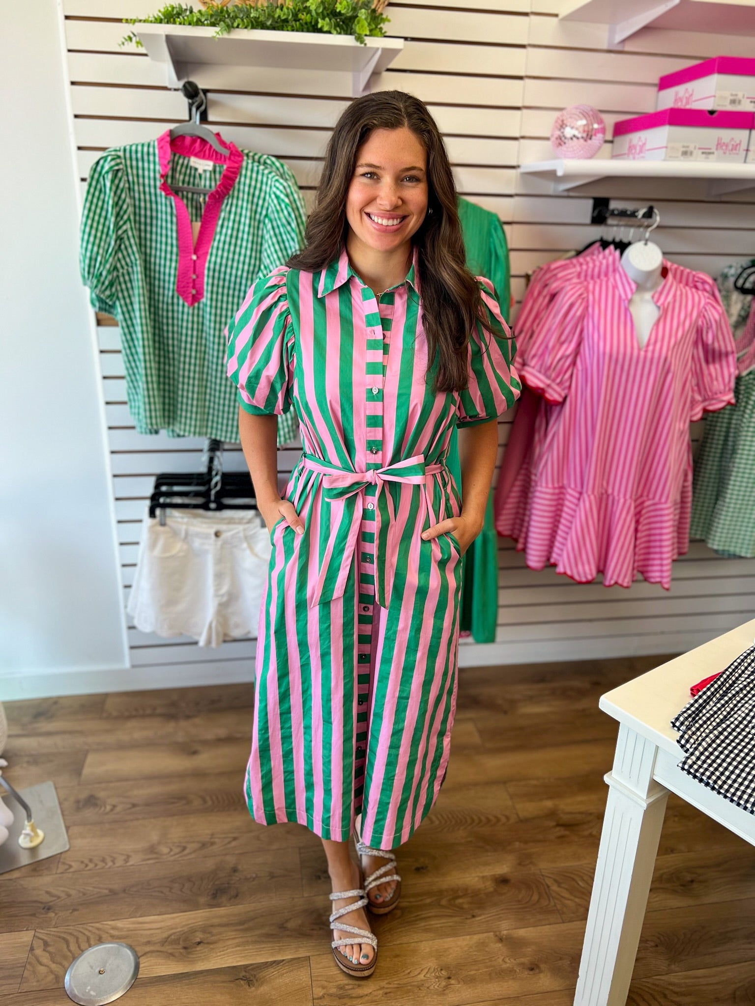 Pink and Green Striped Midi Dress with Tie Waist - A'Bekah's Boutique