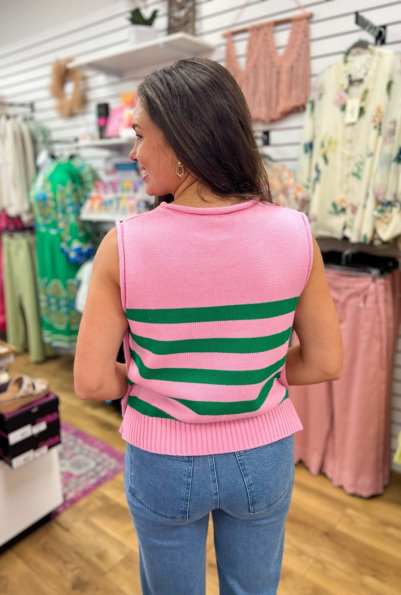 Pink and Green Striped Sleeveless Knit Top with Gold Buttons on Sides - A'Bekah's Boutique
