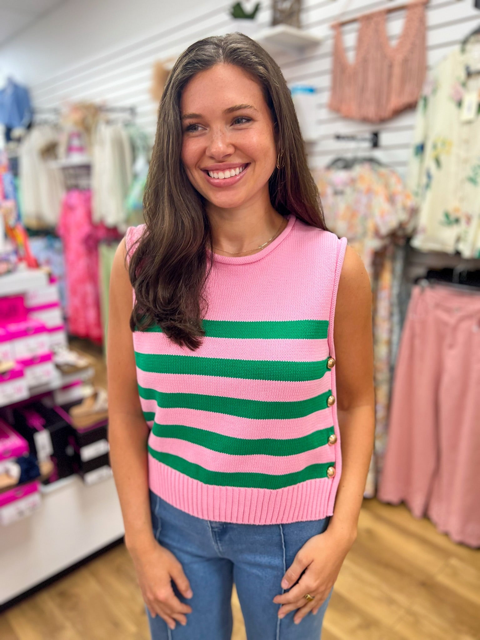 Pink and Green Striped Sleeveless Knit Top with Gold Buttons on Sides - A'Bekah's Boutique