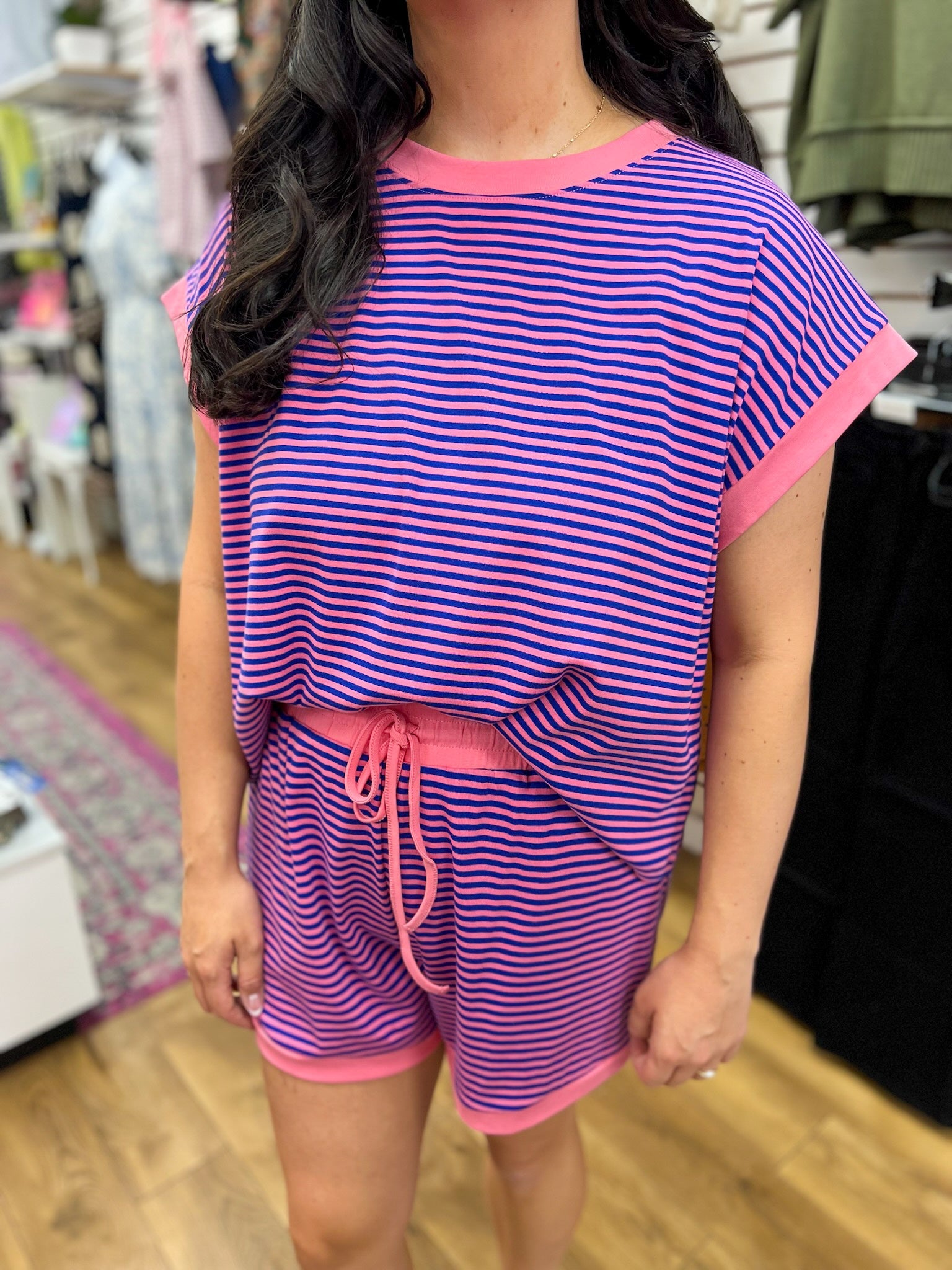 Pink and Royal Blue Striped Shorts Set - A'Bekah's Boutique