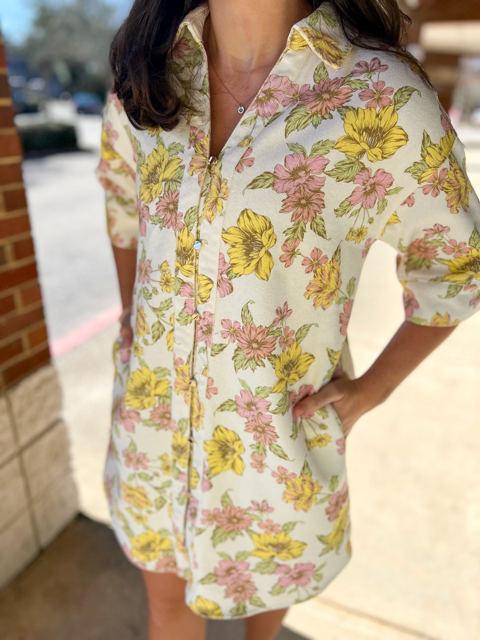Pink and Yellow Floral Half Sleeve Shirt Dress - A'Bekah's Boutique