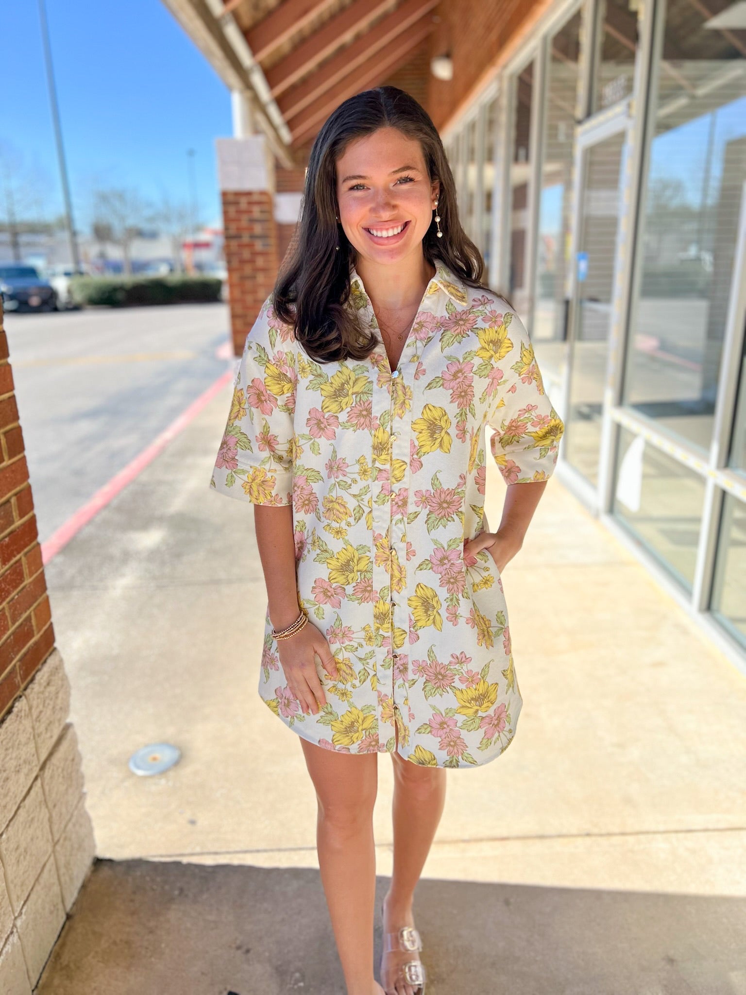 Pink and Yellow Floral Half Sleeve Shirt Dress - A'Bekah's Boutique