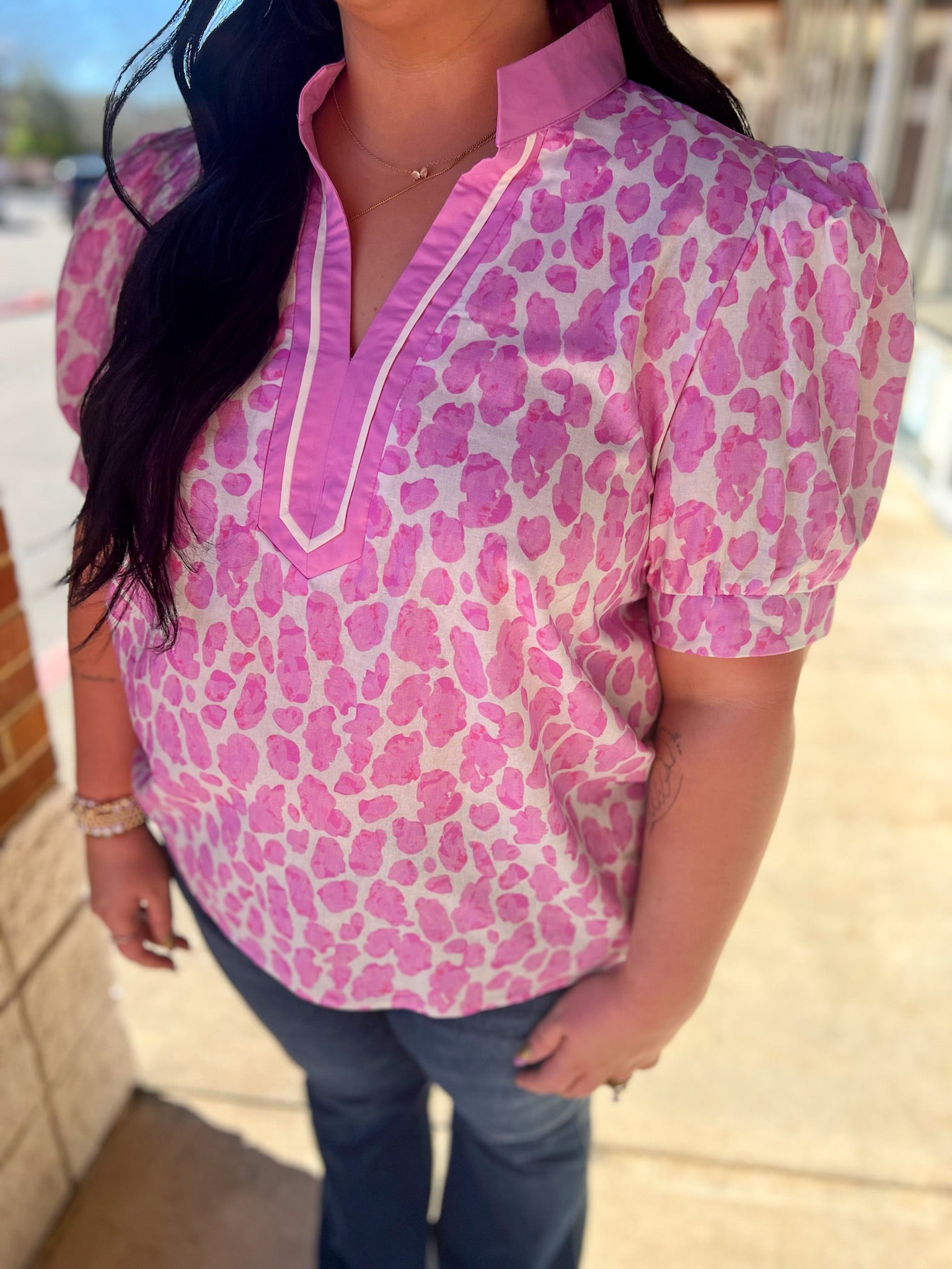 Pink Animal Print V - Neck Short Puff Sleeve Top (C) - A'Bekah's Boutique