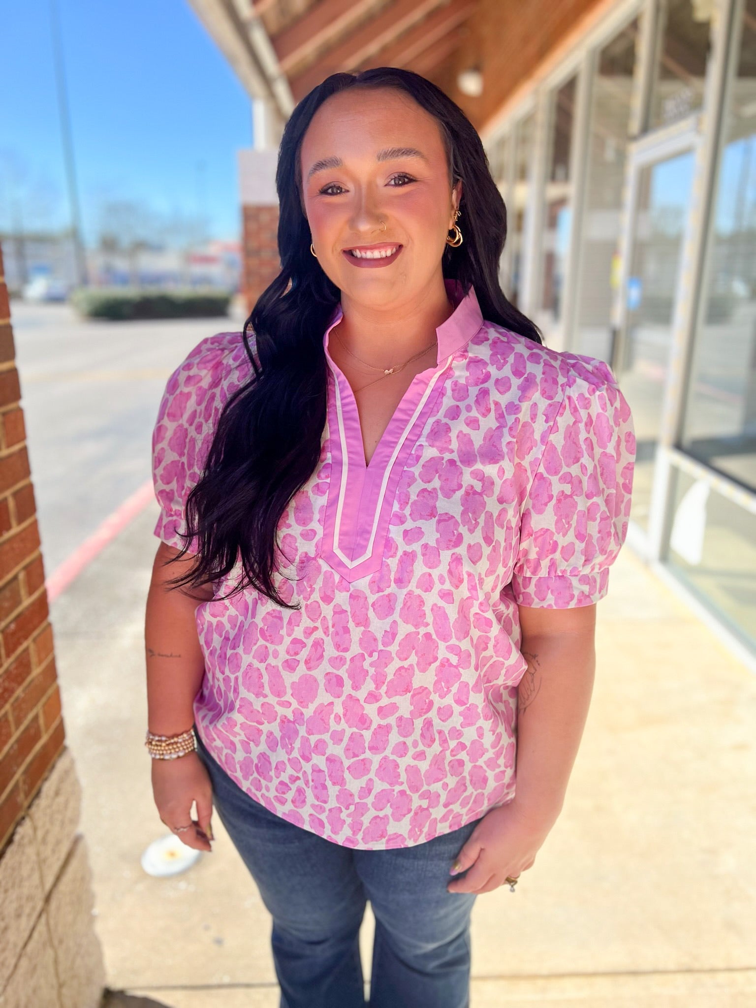 Pink Animal Print V - Neck Short Puff Sleeve Top (C) - A'Bekah's Boutique